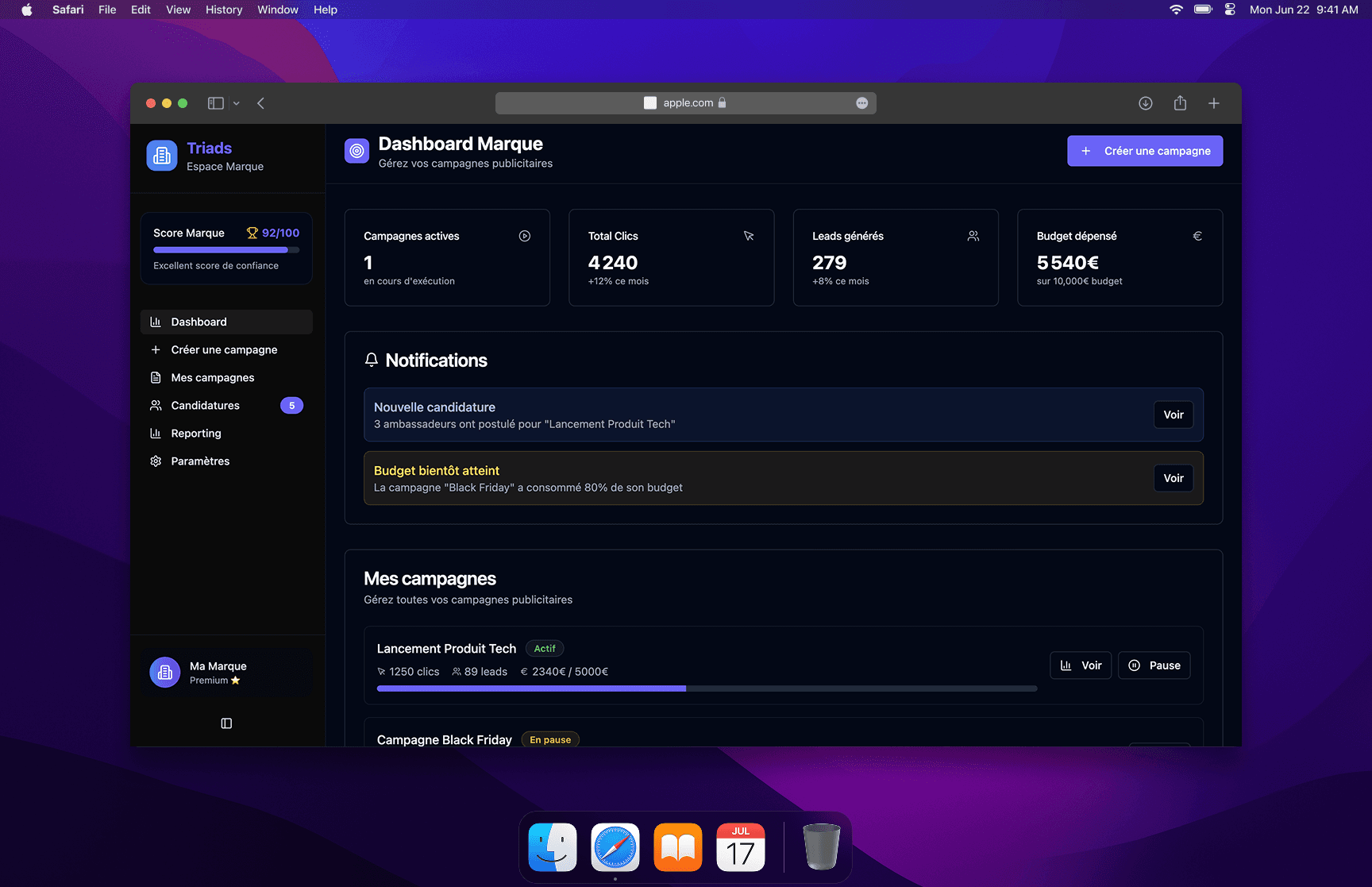 Dashboard Marques - Interface Triads